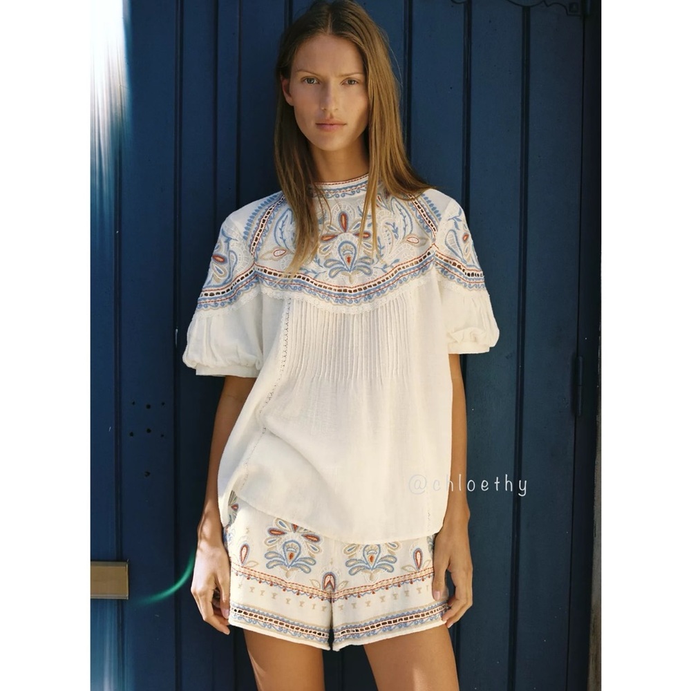 Zara EMBROIDERED SHORT SLEEVE BLOUSE
